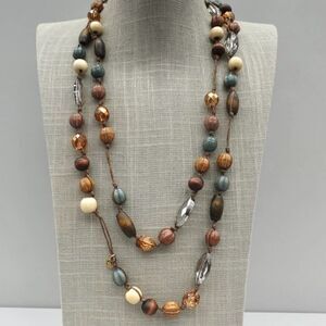 C1946 Necklace Boho Southwest Earth Tones Wood Beaded Long Strand 48 Inches